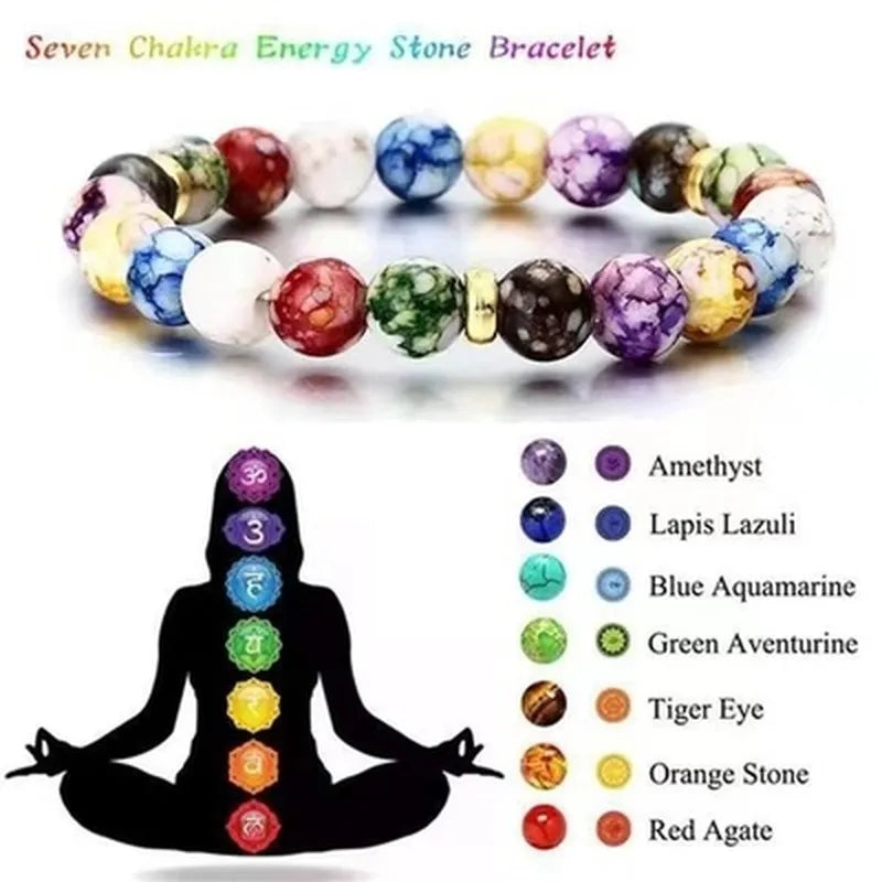Bracelet de Guérison 7 Chakras en Pierres avec Perles d'Énergie et Pierre Volcanique pour Équilibre et Perte de Poids - Bijou Unisexe