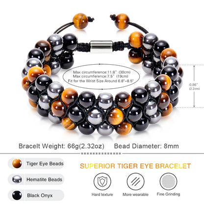 Bracelet en Pierre Œil de Tigre 8mm - Énergie Naturelle, Perles d'Hématite et Onyx Noir, Bracelet Ajustable pour Couples