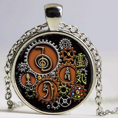 Collier Pendentif Steampunk avec Symboles Reiki, Cabochon en Verre - 1 Pièce