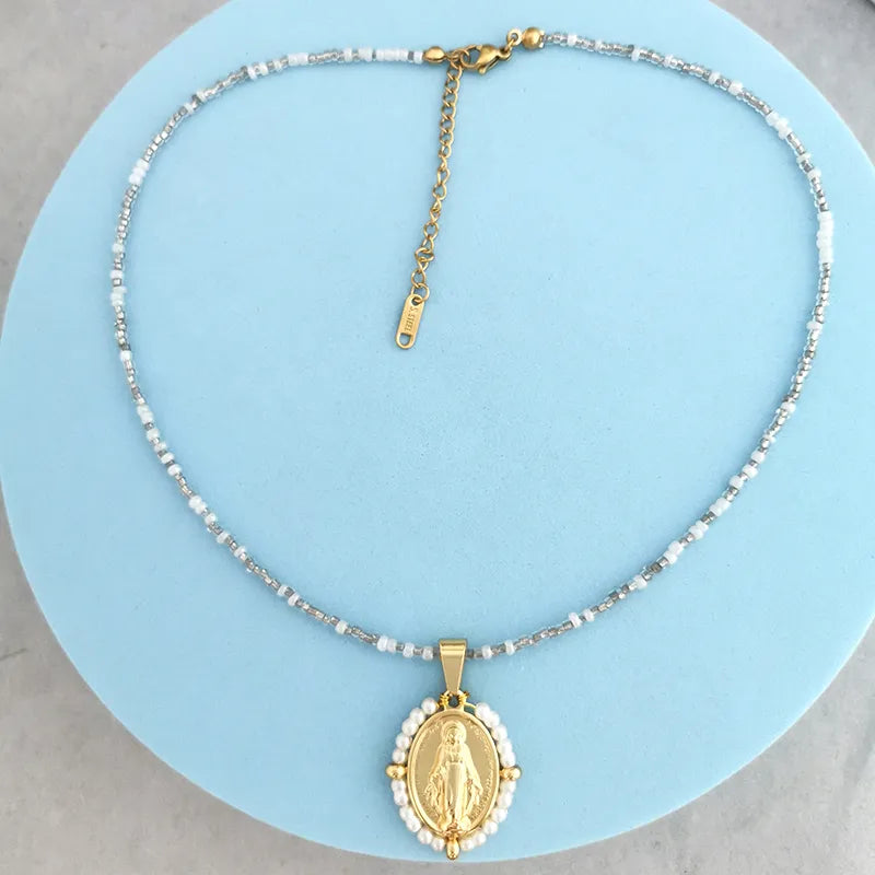 Collier de la Vierge Marie en Acier Inoxydable et Zirconium Cubique