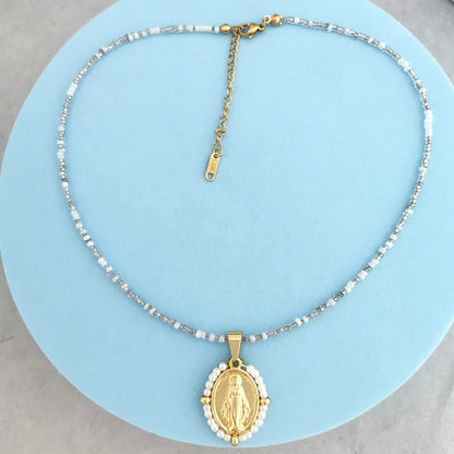 Collier de la Vierge Marie en Acier Inoxydable et Zirconium Cubique