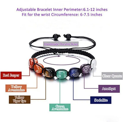 Bracelet Équilibrant à 7 Chakras - Perles en Pierre Naturelle et Tressage en Corde Noire - Cadeau de Méditation et de Guérison