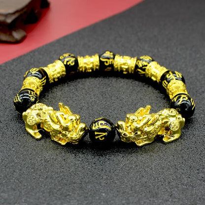 Ensemble de 2 Bracelets de Prospérité Feng Shui en Obsidienne Noire pour Hommes et Femmes