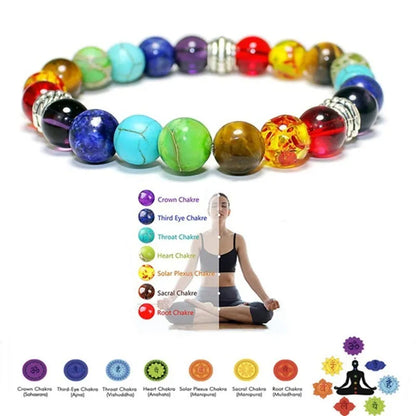 Bracelet Équilibrant à 7 Chakras - Perles en Pierre Naturelle et Tressage en Corde Noire - Cadeau de Méditation et de Guérison