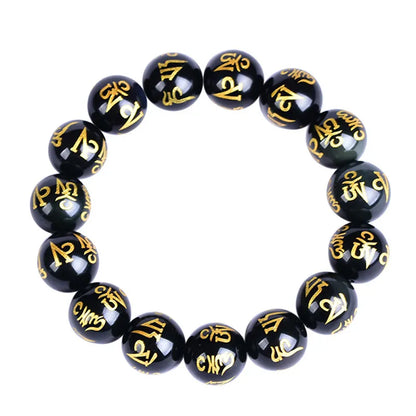 Bracelet de Protection en Obsidienne Noire avec Mantra Bouddhiste - Tailles Multiples