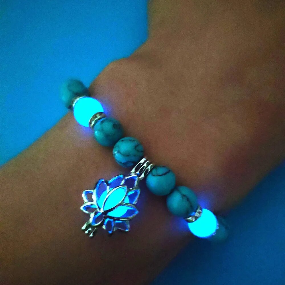 Bracelet en Pierre Naturelle Lumineuse pour la Méditation, Charme de Lotus et Perles Lumineuses dans l'Obscurité, Unisexe