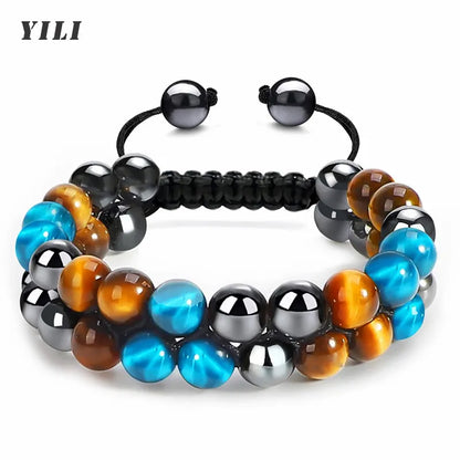 Bracelet Triple Protection en Pierre Œil de Tigre, Hématite et Obsidienne Noire - Perles Naturelles de 8mm pour Hommes et Femmes