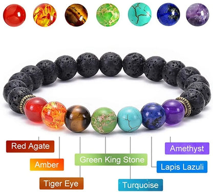 Bracelet Équilibrant à 7 Chakras - Perles en Pierre Naturelle et Tressage en Corde Noire - Cadeau de Méditation et de Guérison