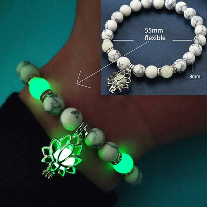 Bracelet en Pierre Naturelle Lumineuse pour la Méditation, Charme de Lotus et Perles Lumineuses dans l'Obscurité, Unisexe