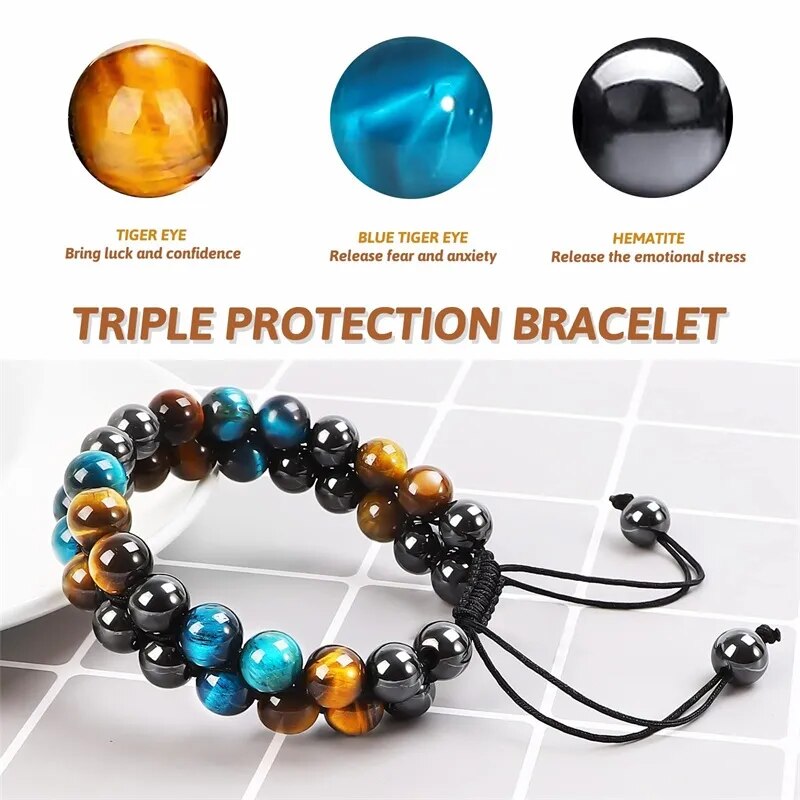 Bracelet Triple Protection en Pierre Œil de Tigre, Hématite et Obsidienne Noire - Perles Naturelles de 8mm pour Hommes et Femmes